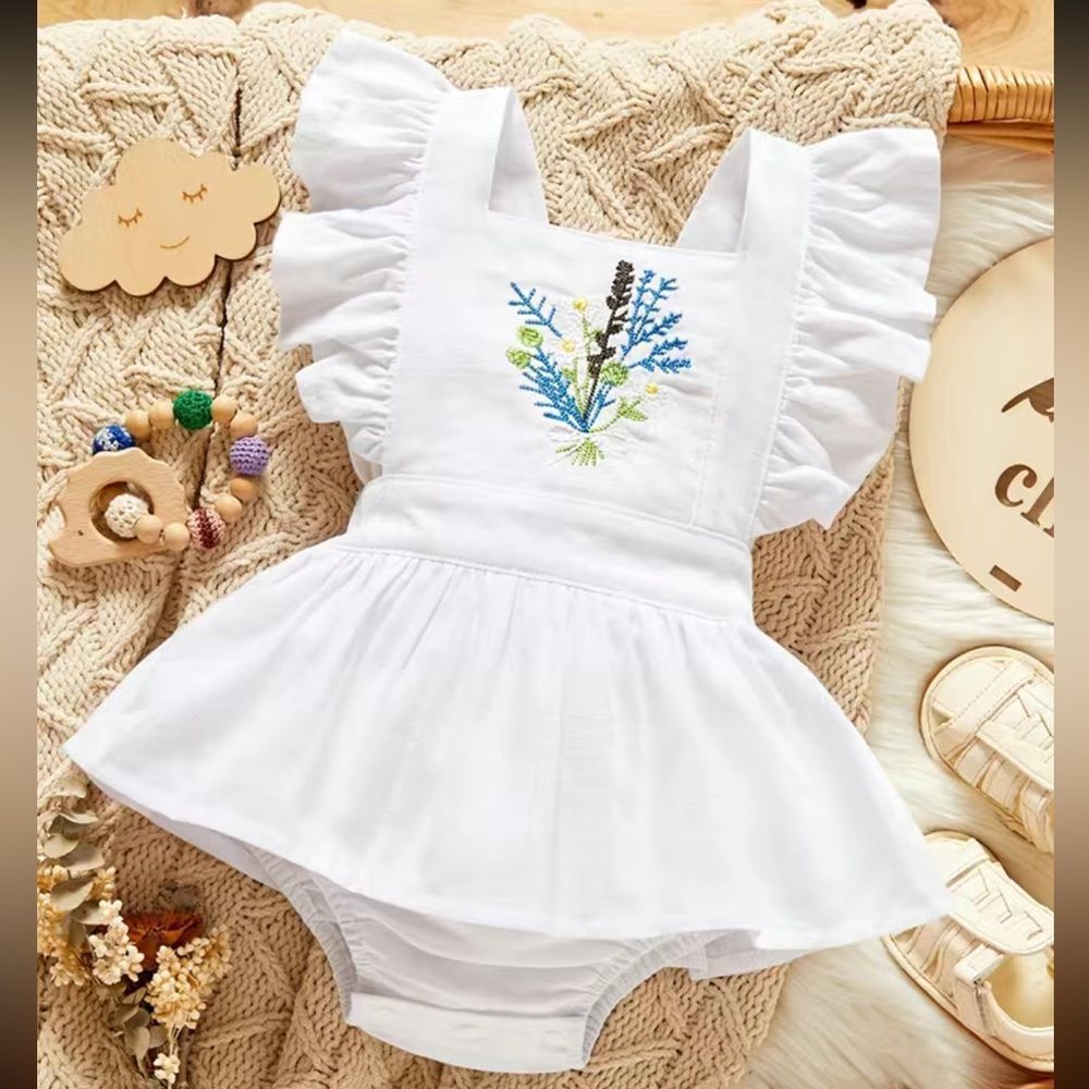 White Skirted Romper With Embroidered Flowers